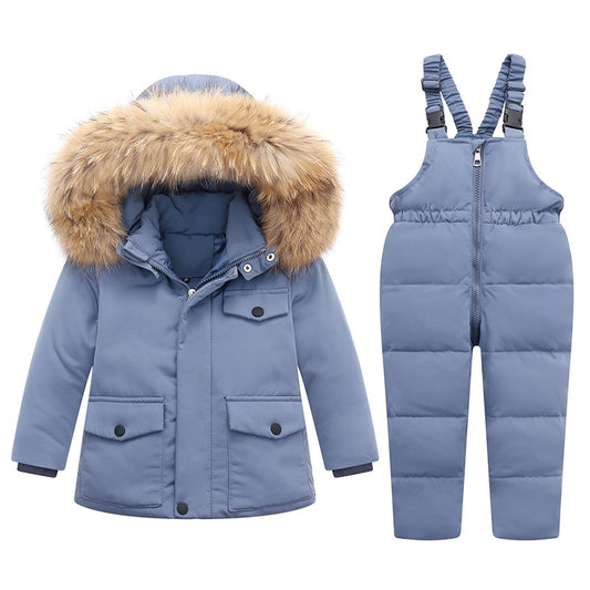 Fur hooded baby overall winter down set