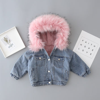 Denim jacket Jacket w/ Faux Fur Hood and Fleece Lining