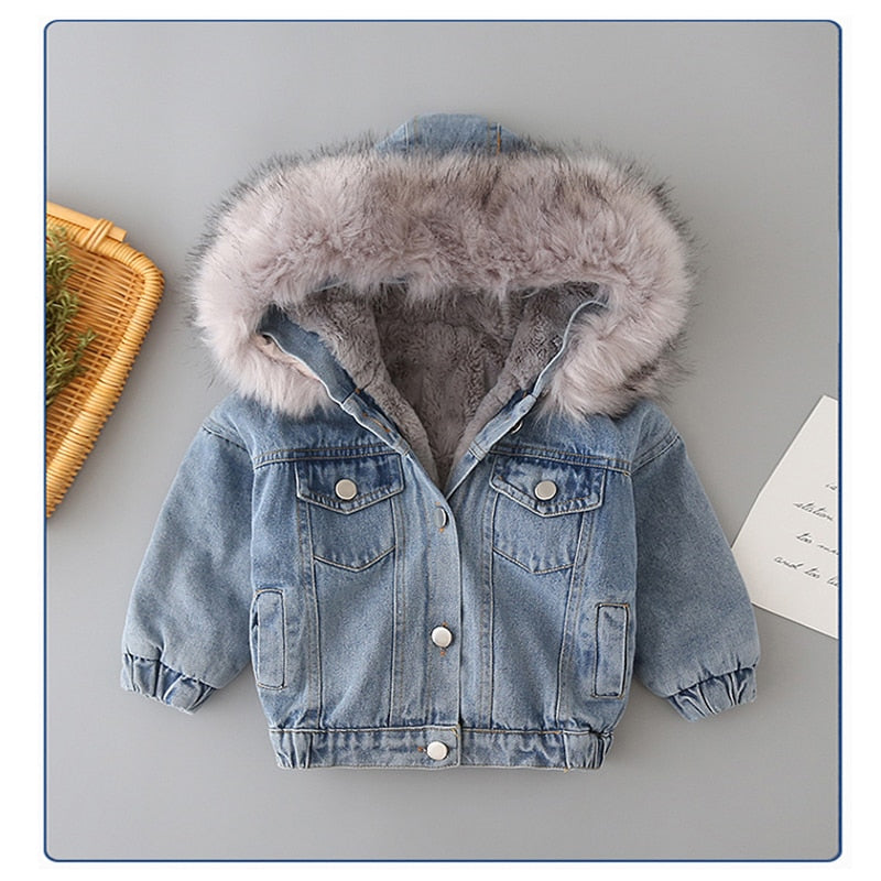 Denim jacket Jacket w/ Faux Fur Hood and Fleece Lining