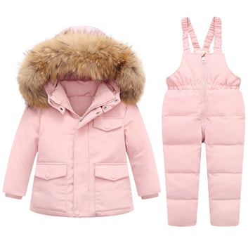 Fur hooded baby overall winter down set